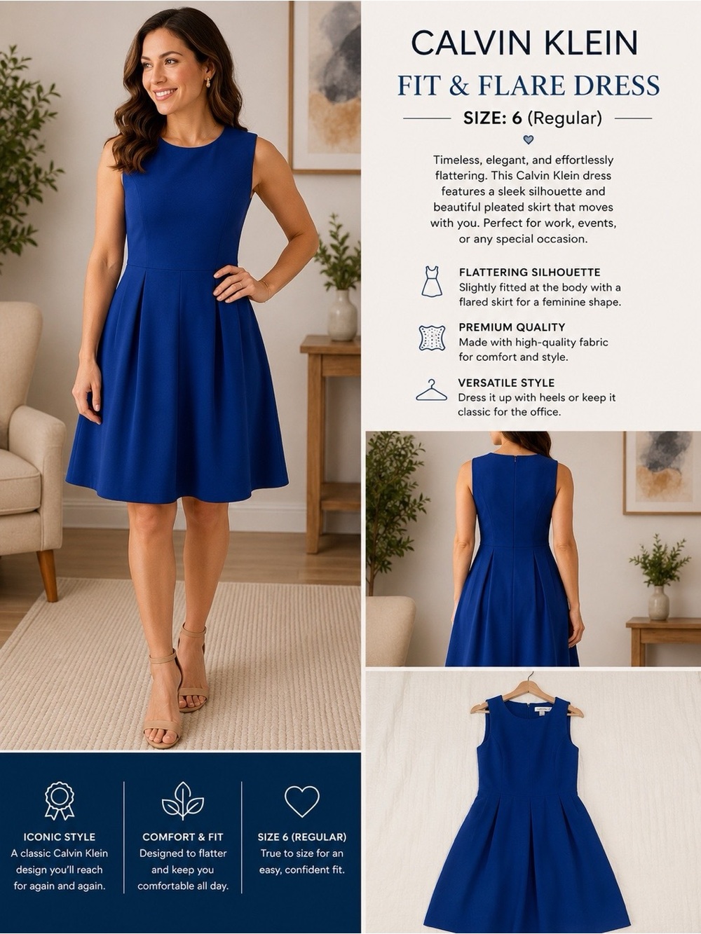 💙 Calvin Klein Women's Fit & Flare Dress - Royal Blue